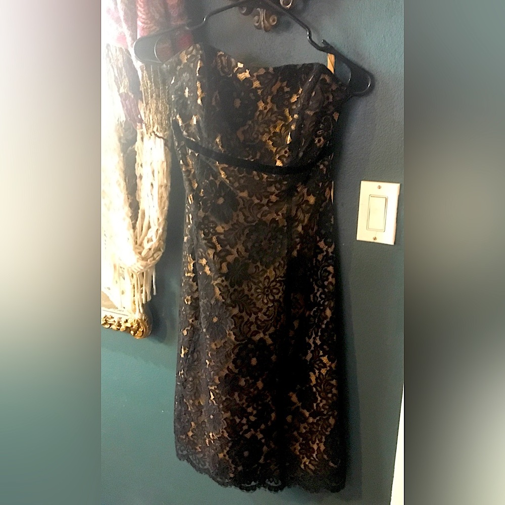 Black lace strapless cocktail dress